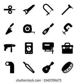 Solid vector icon set - steel rolling vector, saw, fretsaw, mason hammer, trowel, measuring tape, chisel, clamp, drill machine, multimeter, jig, tool box, allen key, forceps, guitar, tambourine