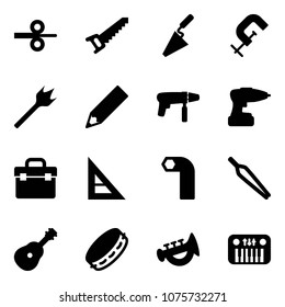 Solid vector icon set - steel rolling vector, saw, trowel, clamp, wood drill, pencil, machine, tool box, corner ruler, allen key, forceps, guitar, tambourine, horn toy, piano