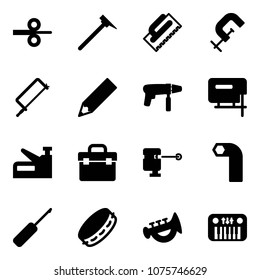 Solid vector icon set - steel rolling vector, mason hammer, trowel, clamp, metal hacksaw, pencil, drill machine, jig saw, stapler, tool box, laser lever, allen key, awl, tambourine, horn toy, piano