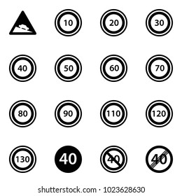 Solid vector icon set - steep descent vector road sign, speed limit 10, 20, 30, 40, 50, 60, 70, 80, 90, 110, 120, 130, minimal, end