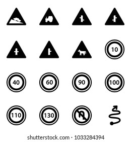 Solid vector icon set - steep descent vector road sign, tractor way, intersection, cow, speed limit 10, 40, 60, 90, 100, 110, 130, no turn back, trip