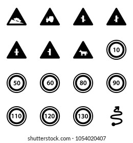 Solid vector icon set - steep descent vector road sign, tractor way, intersection, cow, speed limit 10, 50, 60, 80, 90, 110, 120, 130, trip