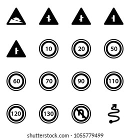 Solid vector icon set - steep descent vector road sign, intersection, speed limit 10, 20, 50, 60, 70, 90, 110, 120, 130, no turn back, trip