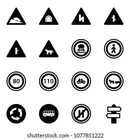 Solid vector icon set - steep descent vector road sign, tunnel, intersection, cow, no dangerous cargo, pedestrian, speed limit 80, 110, bike, cart horse, circle, bus, parking even, signpost