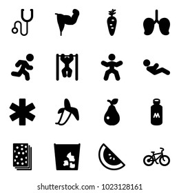Solid vector icon set - stethoscope vector, power hand, carrot, lungs, run, pull ups, gymnastics, abdominal muscles, ambulance star, banana, pear, milk, breads, garbage, watermelone, bike