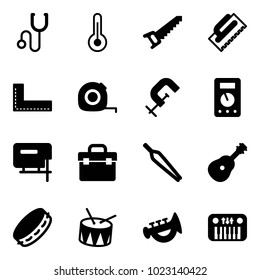 Solid vector icon set - stethoscope vector, thermometer, saw, trowel, corner ruler, measuring tape, clamp, multimeter, jig, tool box, forceps, guitar, tambourine, drum, horn toy, piano
