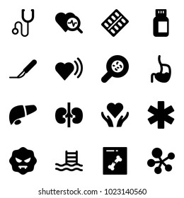 Solid vector icon set - stethoscope vector, heart diagnosis, pills blister, bottle, scalpel, beat, bacteria, stomach, liver, kidneys, care, ambulance star, virus, pool, x ray, molecule