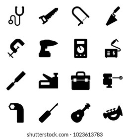 Solid vector icon set - stethoscope vector, saw, fretsaw, trowel, clamp, drill, multimeter, welding, rasp, stapler, tool box, laser lever, allen key, awl, guitar, horn toy