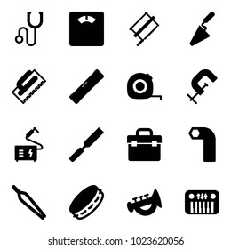 Solid vector icon set - stethoscope vector, floor scales, bucksaw, trowel, level, measuring tape, clamp, welding, rasp, tool box, allen key, forceps, tambourine, horn toy, piano