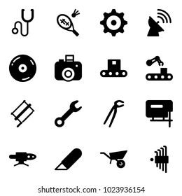 Solid vector icon set - stethoscope vector, badminton, gear, satellite antenna, cd, camera, conveyor, bucksaw, wrench, plumber, jig saw, pipe welding, work knife, wheelbarrow, allen key set