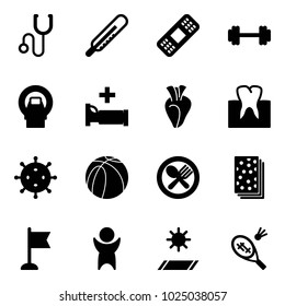 Solid vector icon set - stethoscope vector, thermometer, medical patch, barbell, mri, hospital bed, heart, tooth, virus, basketball ball, fork spoon plate, breads, flag, success, mat, badminton