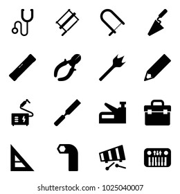 Solid vector icon set - stethoscope vector, bucksaw, fretsaw, trowel, level, side cutters, wood drill, pencil, welding, rasp, stapler, tool box, corner ruler, allen key, xylophone, toy piano