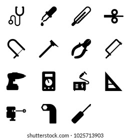 Solid vector icon set - stethoscope vector, pipette, thermometer, steel rolling, fretsaw, mason hammer, side cutters, metal hacksaw, drill, multimeter, welding, corner ruler, laser lever, allen key