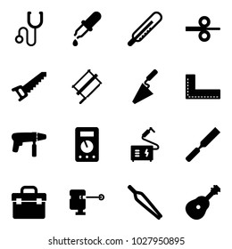 Solid vector icon set - stethoscope vector, pipette, thermometer, steel rolling, saw, bucksaw, trowel, corner ruler, drill machine, multimeter, welding, rasp, tool box, laser lever, forceps, guitar