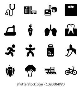 Solid vector icon set - stethoscope vector, hospital building, tonometer, floor scales, treadmill, carrot, lungs, tooth, run, gymnastics, pills bottle, banana, sweet pepper, broccoli, pool, bike