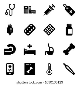 Solid vector icon set - stethoscope vector, hospital building, syringe, medical label, drop counter, pills blister, bottle, mri, bed, stomach, broken bone, mobile heart monitor, x ray, thermometer