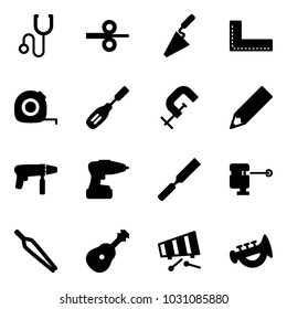 Solid vector icon set - stethoscope vector, steel rolling, trowel, corner ruler, measuring tape, chisel, clamp, pencil, drill machine, rasp, laser lever, forceps, guitar, xylophone, horn toy