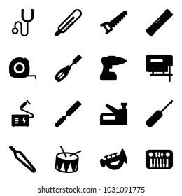 Solid vector icon set - stethoscope vector, thermometer, saw, level, measuring tape, chisel, drill, jig, welding, rasp, stapler, awl, forceps, drum, horn toy, piano