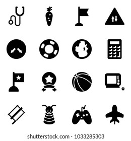 Solid vector icon set - stethoscope vector, carrot, flag, oncoming traffic road sign, detour, lifebuoy, globe, calculator, star medal, ball, monoblock pc, bucksaw, pyramid toy, joystick, plane