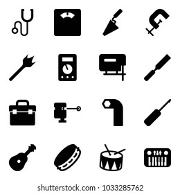 Solid vector icon set - stethoscope vector, floor scales, trowel, clamp, wood drill, multimeter, jig saw, rasp, tool box, laser lever, allen key, awl, guitar, tambourine, drum, toy piano
