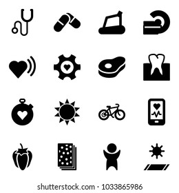 Solid vector icon set - stethoscope vector, pills, treadmill, mri, heart beat, gear, meat, tooth, stopwatch, sun, bike, mobile monitor, sweet pepper, breads, success, mat
