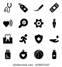 Solid vector icon set - stethoscope vector, medical label, scalpel, patch, heart beat, bacteria, gear, carrot, tooth, run, drop hand, pills bottle, stopwatch, basketball ball, milk