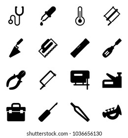 Solid vector icon set - stethoscope vector, pipette, thermometer, bucksaw, trowel, level, chisel, side cutters, metal hacksaw, jig saw, stapler, tool box, awl, forceps, horn toy