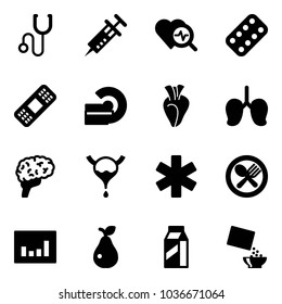 Solid vector icon set - stethoscope vector, syringe, heart diagnosis, pills blister, medical patch, mri, lungs, brain, bladder, ambulance star, fork spoon plate, statistics, pear, milk, cereal