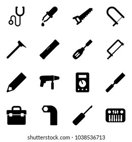Solid vector icon set - stethoscope vector, pipette, saw, fretsaw, mason hammer, level, chisel, metal hacksaw, pencil, drill machine, multimeter, rasp, tool box, allen key, awl, toy piano