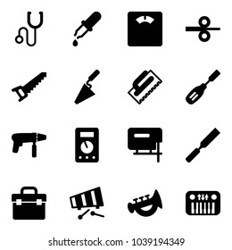 Solid vector icon set - stethoscope vector, pipette, floor scales, steel rolling, saw, trowel, chisel, drill machine, multimeter, jig, rasp, tool box, xylophone, horn toy, piano