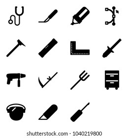 Solid vector icon set - stethoscope vector, scalpel, highlight marker, bezier, mason hammer, level, corner ruler, clinch, drill machine, scythe, farm fork, tool cabinet, protect glass, work knife