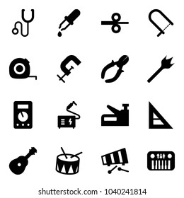 Solid vector icon set - stethoscope vector, pipette, steel rolling, fretsaw, measuring tape, clamp, side cutters, wood drill, multimeter, welding, stapler, corner ruler, guitar, drum, xylophone