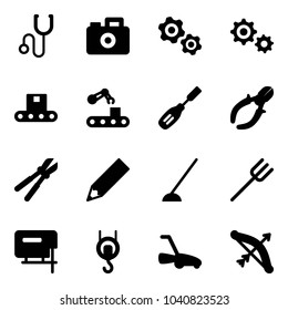 Solid vector icon set - stethoscope vector, camera, gears, gear, conveyor, chisel, side cutters, bolt cutter, pencil, hoe, farm fork, jig saw, winch, lawn mower, bow