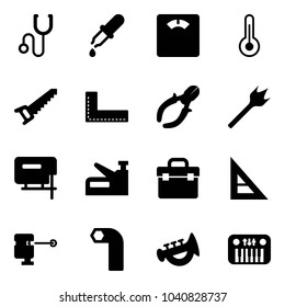 Solid vector icon set - stethoscope vector, pipette, floor scales, thermometer, saw, corner ruler, side cutters, wood drill, jig, stapler, tool box, laser lever, allen key, horn toy, piano