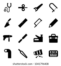 Solid vector icon set - stethoscope vector, steel rolling, saw, fretsaw, trowel, level, metal hacksaw, pencil, drill machine, rasp, stapler, tool box, allen key, forceps, xylophone, toy piano