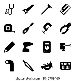 Solid vector icon set - stethoscope vector, saw, mason hammer, trowel, measuring tape, chisel, clamp, side cutters, pencil, drill, multimeter, laser lever, allen key, forceps, horn toy, piano