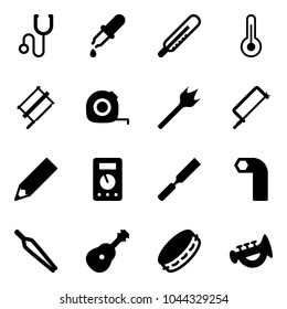 Solid vector icon set - stethoscope vector, pipette, thermometer, bucksaw, measuring tape, wood drill, metal hacksaw, pencil, multimeter, rasp, allen key, forceps, guitar, tambourine, horn toy