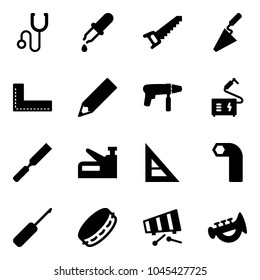 Solid vector icon set - stethoscope vector, pipette, saw, trowel, corner ruler, pencil, drill machine, welding, rasp, stapler, allen key, awl, tambourine, xylophone, horn toy