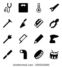 Solid vector icon set - stethoscope vector, floor scales, thermometer, saw, mason hammer, trowel, side cutters, wood drill, metal hacksaw, pencil, rasp, allen key, tambourine, drum