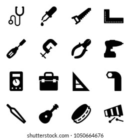 Solid vector icon set - stethoscope vector, pipette, saw, corner ruler, chisel, clamp, side cutters, drill, multimeter, tool box, allen key, forceps, guitar, tambourine, xylophone