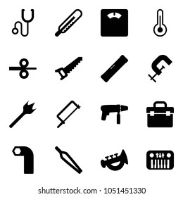 Solid vector icon set - stethoscope vector, thermometer, floor scales, steel rolling, saw, level, clamp, wood drill, metal hacksaw, machine, tool box, allen key, forceps, horn toy, piano