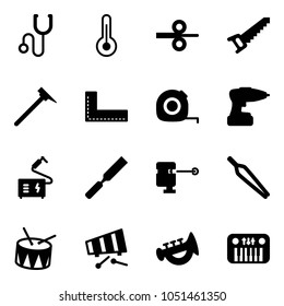 Solid vector icon set - stethoscope vector, thermometer, steel rolling, saw, mason hammer, corner ruler, measuring tape, drill, welding, rasp, laser lever, forceps, drum, xylophone, horn toy, piano