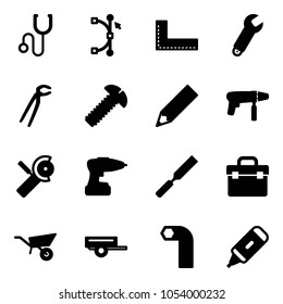 Solid vector icon set - stethoscope vector, bezier, corner ruler, wrench, plumber, screw, pencil, drill machine, Angular grinder, rasp, tool box, wheelbarrow, trailer, allen key, marker