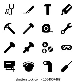 Solid vector icon set - stethoscope vector, scalpel, work, highlight marker, rock axe, sledgehammer, measuring tape, wrench, nail, dowel, rivet, protective glasses, jig saw, protect glass, allen key