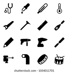 Solid vector icon set - stethoscope vector, pipette, thermometer, saw, mason hammer, level, chisel, pencil, drill machine, rasp, laser lever, allen key, tambourine, drum