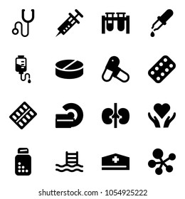 Solid vector icon set - stethoscope vector, syringe, vial, pipette, drop counter, pill, pills, blister, mri, kidneys, heart care, bottle, pool, doctor hat, molecule