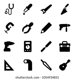 Solid vector icon set - stethoscope vector, pipette, saw, trowel, clamp, side cutters, pencil, drill machine, multimeter, rasp, tool box, corner ruler, allen key, forceps, guitar