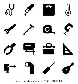 Solid vector icon set - stethoscope vector, pipette, floor scales, thermometer, saw, mason hammer, measuring tape, clamp, side cutters, jig, tool box, corner ruler, laser lever, allen key, awl