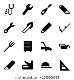 Solid vector icon set - stethoscope vector, wrench, chisel, work knife, tile drill, pencil, scythe, farm fork, tool cabinet, lawn mower, oiler, stapler, construction helmet, corner ruler