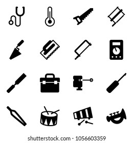 Solid vector icon set - stethoscope vector, thermometer, saw, bucksaw, trowel, metal hacksaw, multimeter, rasp, tool box, laser lever, awl, forceps, drum, xylophone, horn toy